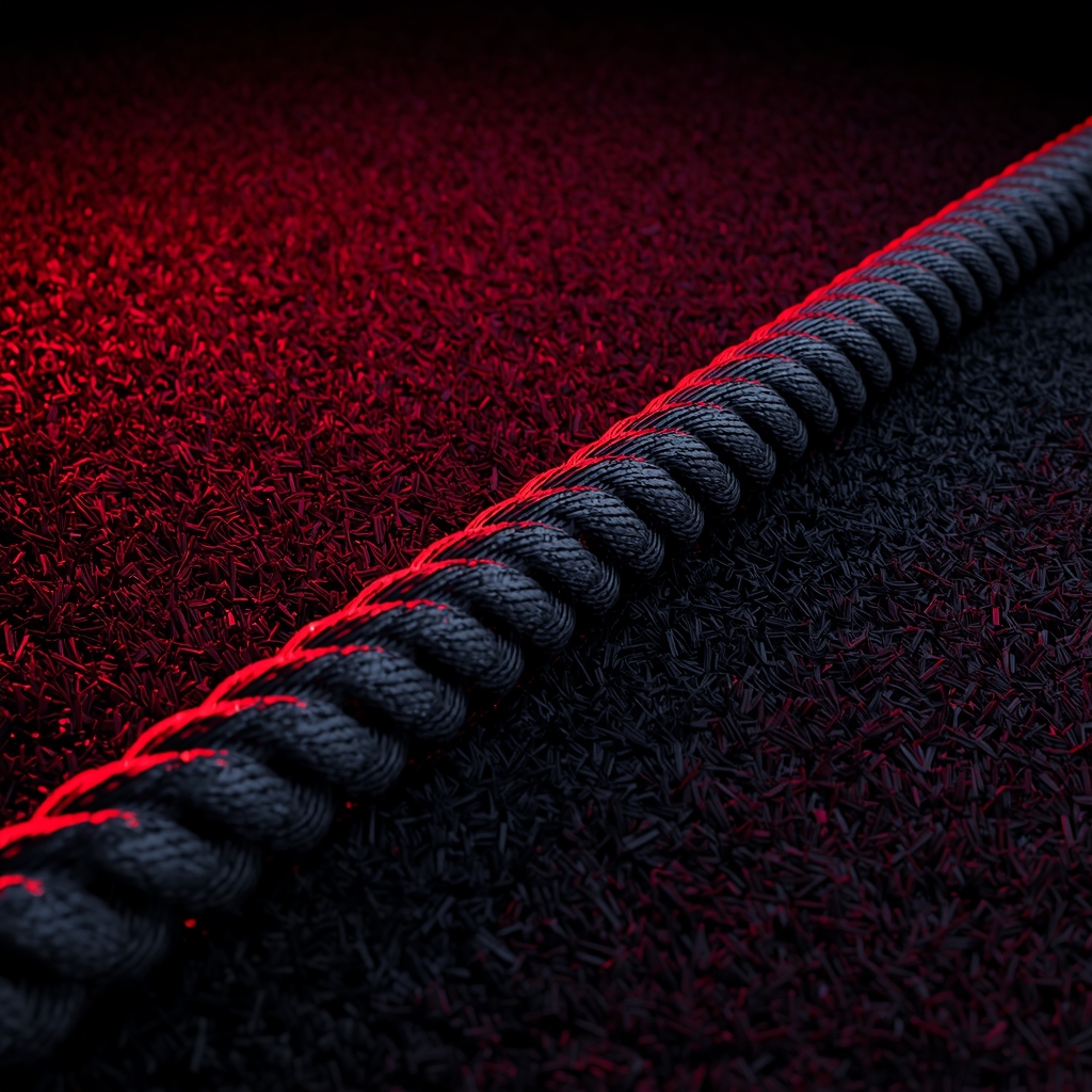 Generate an image of a rugged battle rope lying on abstract black turf, moody dramatic neon lighting reflecting off the synthetic grass, 8k, photorealistic, no people.